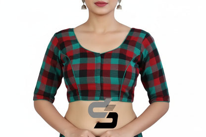 Front view of teal green color 3/4th sleeve cotton checks readymade saree blouse with princess cut fit.