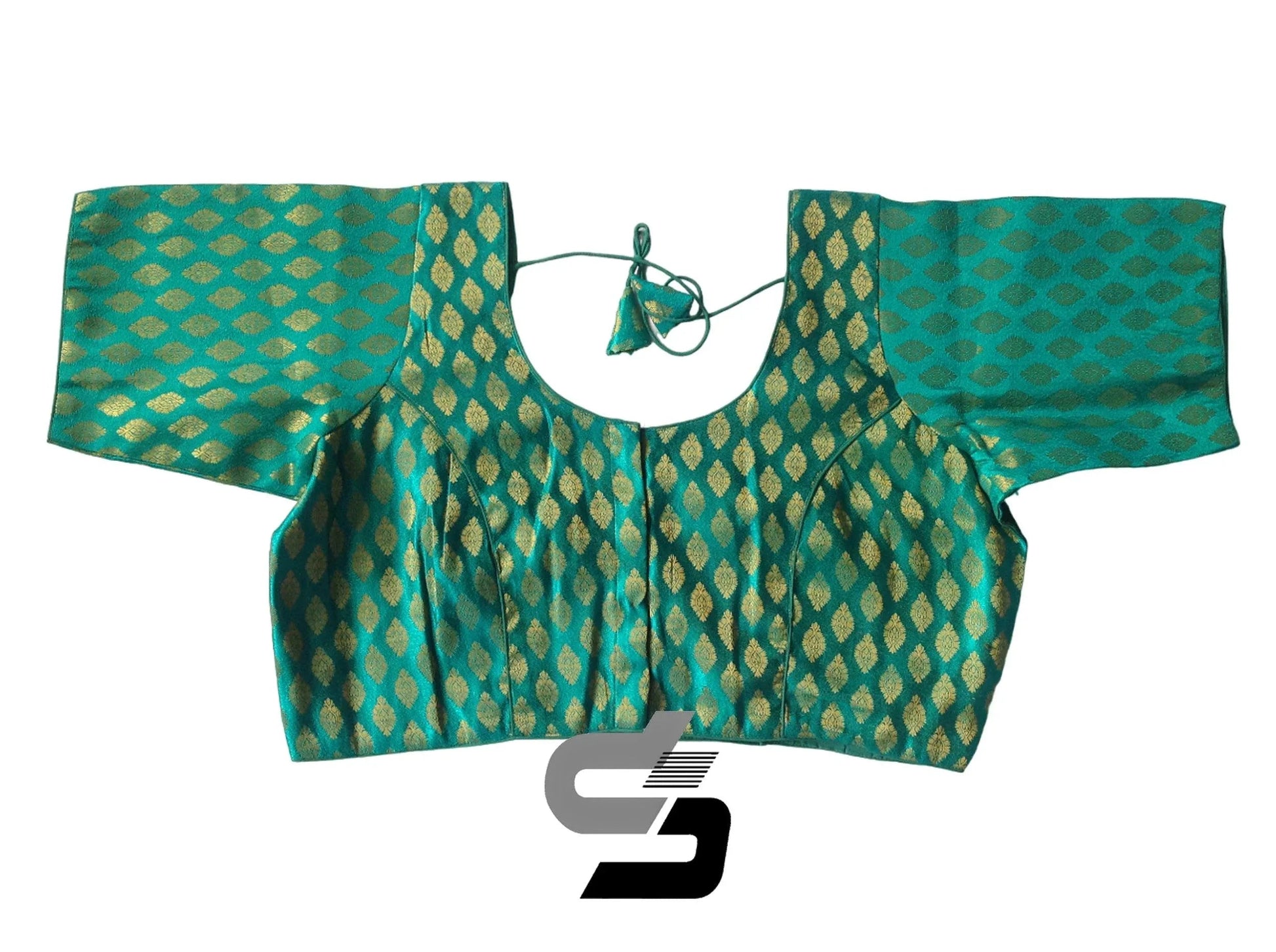 Teal Green Color Brocade Silk Readymade Saree Blouses, Indian Plus Size Blouse - D3blouses