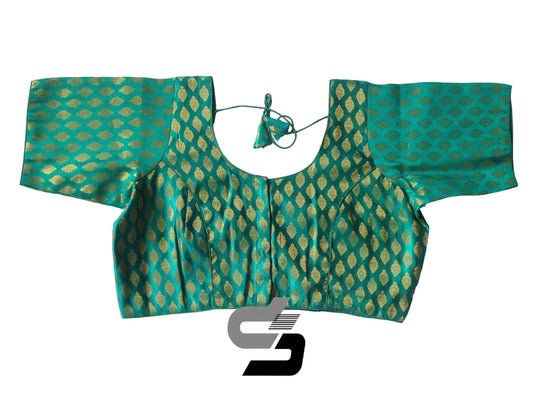 Teal Green Color Brocade Silk Readymade Saree Blouses, Indian Plus Size Blouse - D3blouses