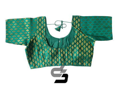 Teal Green Color Brocade Silk Readymade Saree Blouses, Indian Plus Size Blouse - D3blouses