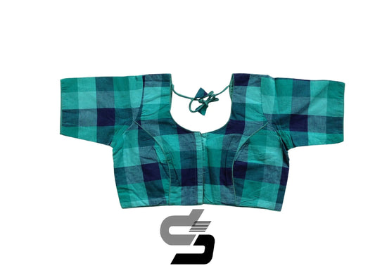 Teal Green Color Cotton Checks Readymade Saree Blouse, Indian Cotton Blouse - D3blouses