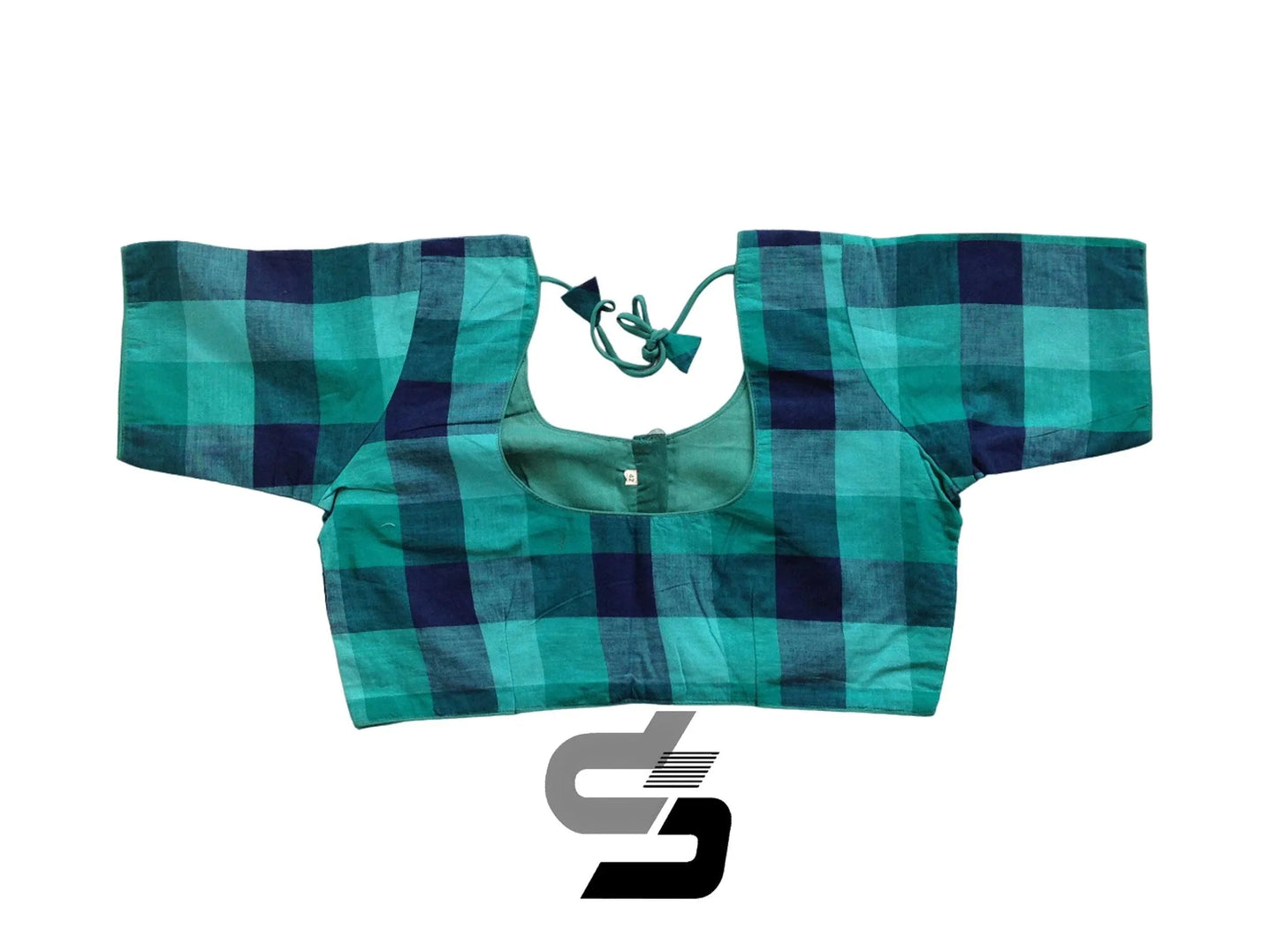 Teal Green Color Cotton Checks Readymade Saree Blouse, Indian Cotton Blouse - D3blouses