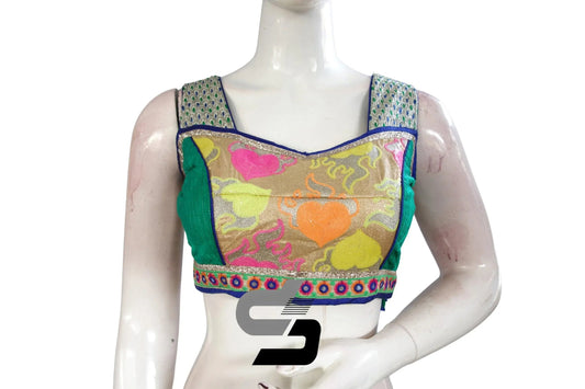 Teal Green Color Semi Silk Sequins Embroidery Designer Party Wear Readymade Blouse/ Indian Crop Tops - D3blouses