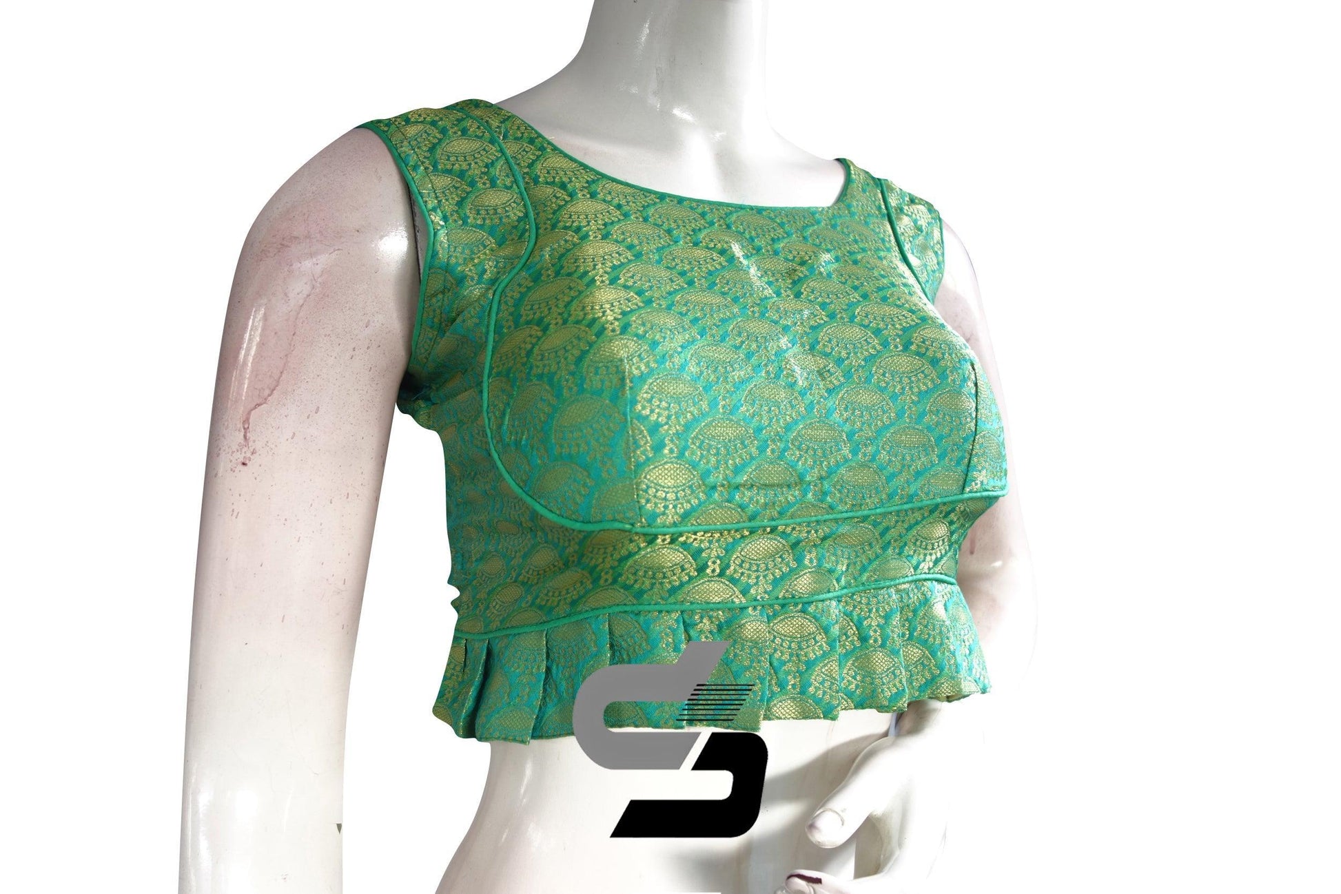 Teal Green Color Sleeveless Brocade Designer Party Wear Readymade Blouse/ Indian Crop Tops - D3blouses