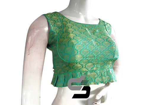 Teal Green Color Sleeveless Brocade Designer Party Wear Readymade Blouse/ Indian Crop Tops - D3blouses