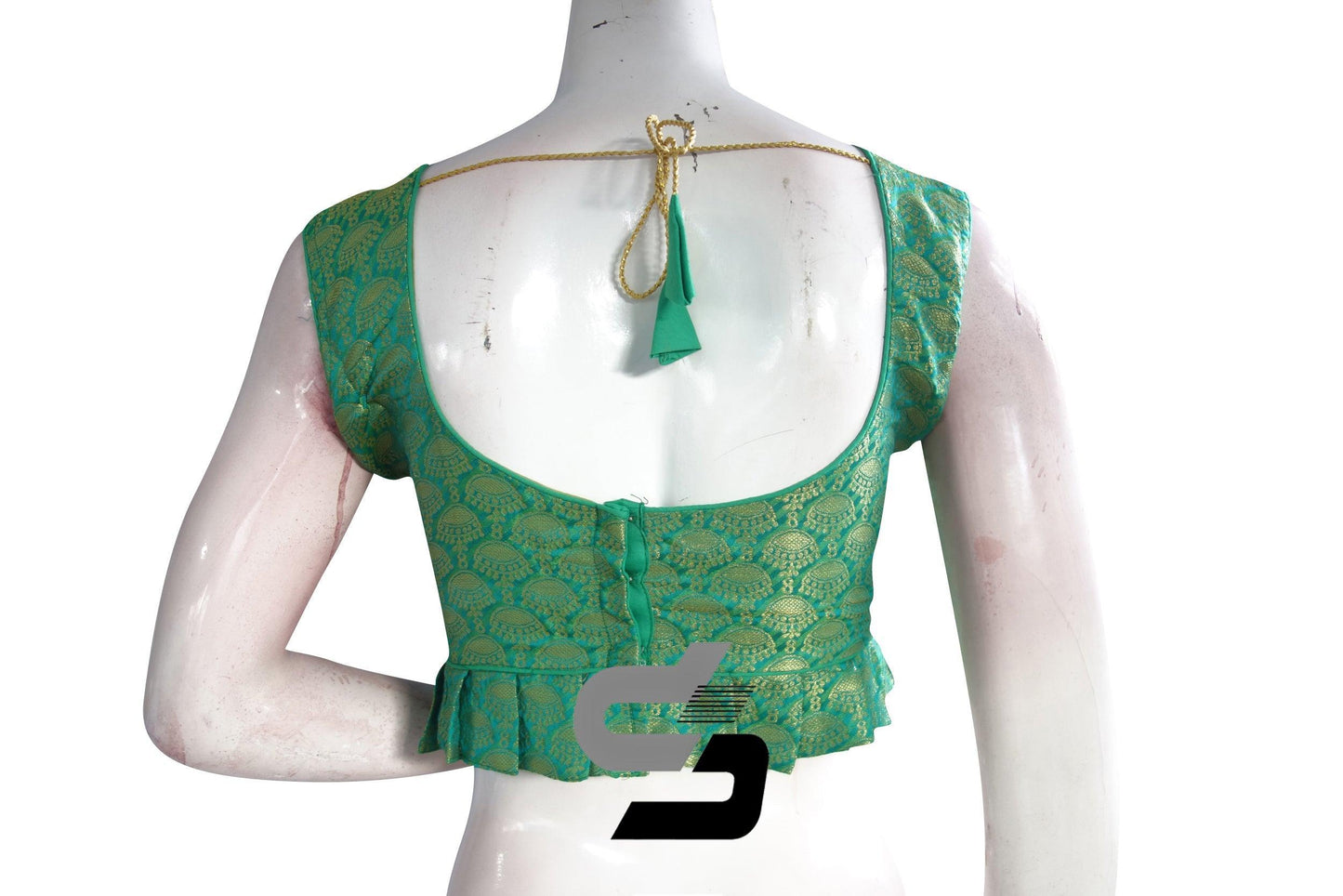 Teal Green Color Sleeveless Brocade Designer Party Wear Readymade Blouse/ Indian Crop Tops - D3blouses