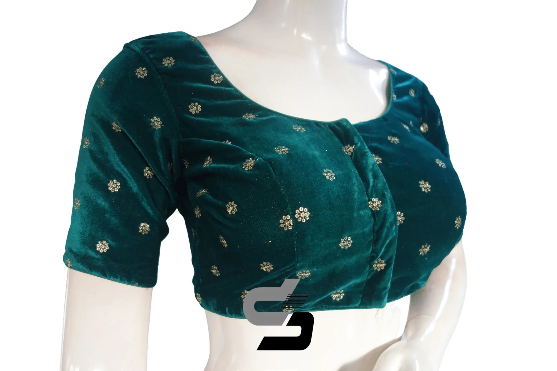 Teal Green Color Velvet Floral Sequin Embroidery Readymade Blouse - D3blouses