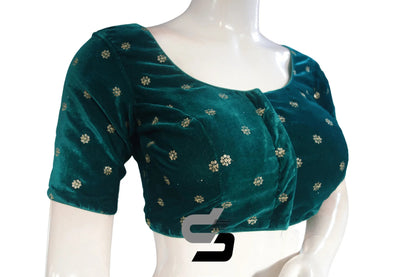Teal Green Color Velvet Floral Sequin Embroidery Readymade Blouse - D3blouses