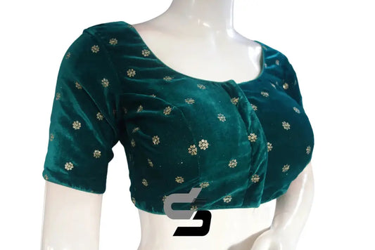Teal Green Color Velvet Floral Sequin Embroidery Readymade Blouse - D3blouses