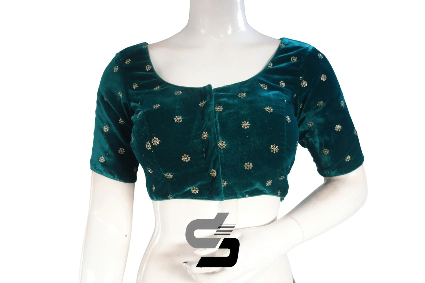 Teal Green Color Velvet Floral Sequin Embroidery Readymade Blouse - D3blouses