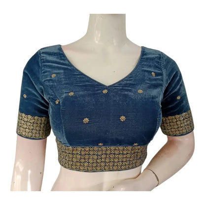 Teal-Grey Color Sequin Velvet Designer V-Neck Saree Readymade Blouse - D3blouses