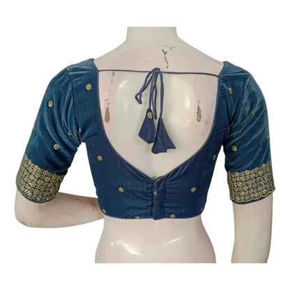 Teal-Grey Color Sequin Velvet Designer V-Neck Saree Readymade Blouse - D3blouses