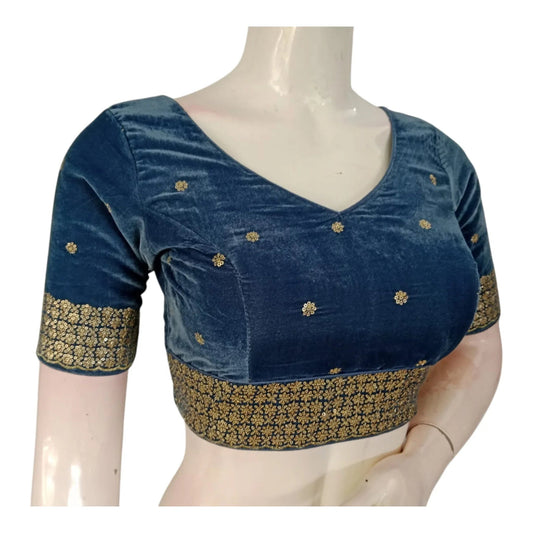 Teal-Grey Color Sequin Velvet Designer V-Neck Saree Readymade Blouse - D3blouses