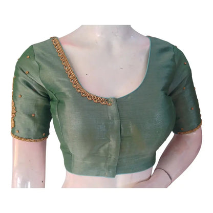 Teal Tissue Silk Aari Work Wedding Blouse - Sophisticated Style from D3 Blouses - D3blouses