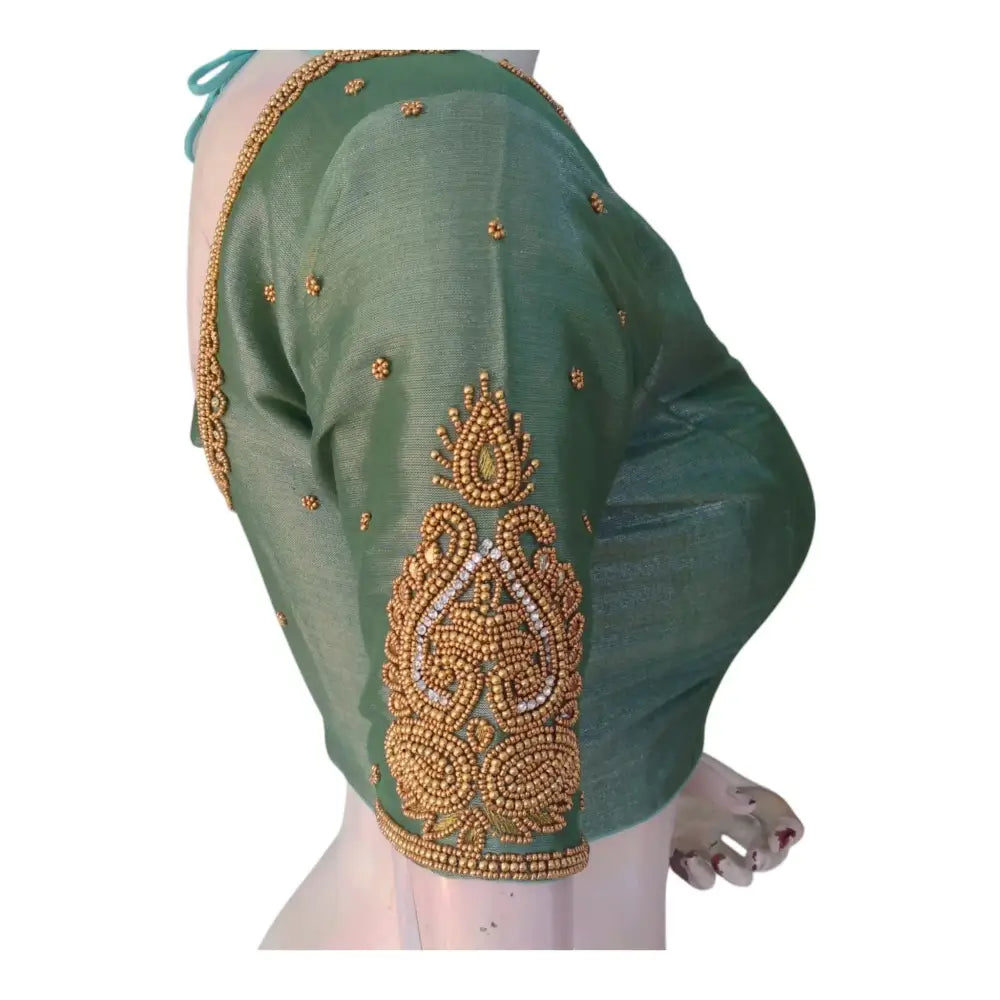 Teal Tissue Silk Aari Work Wedding Blouse - Sophisticated Style from D3 Blouses - D3blouses
