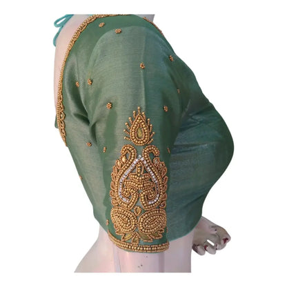 Teal Tissue Silk Aari Work Wedding Blouse - Sophisticated Style from D3 Blouses - D3blouses