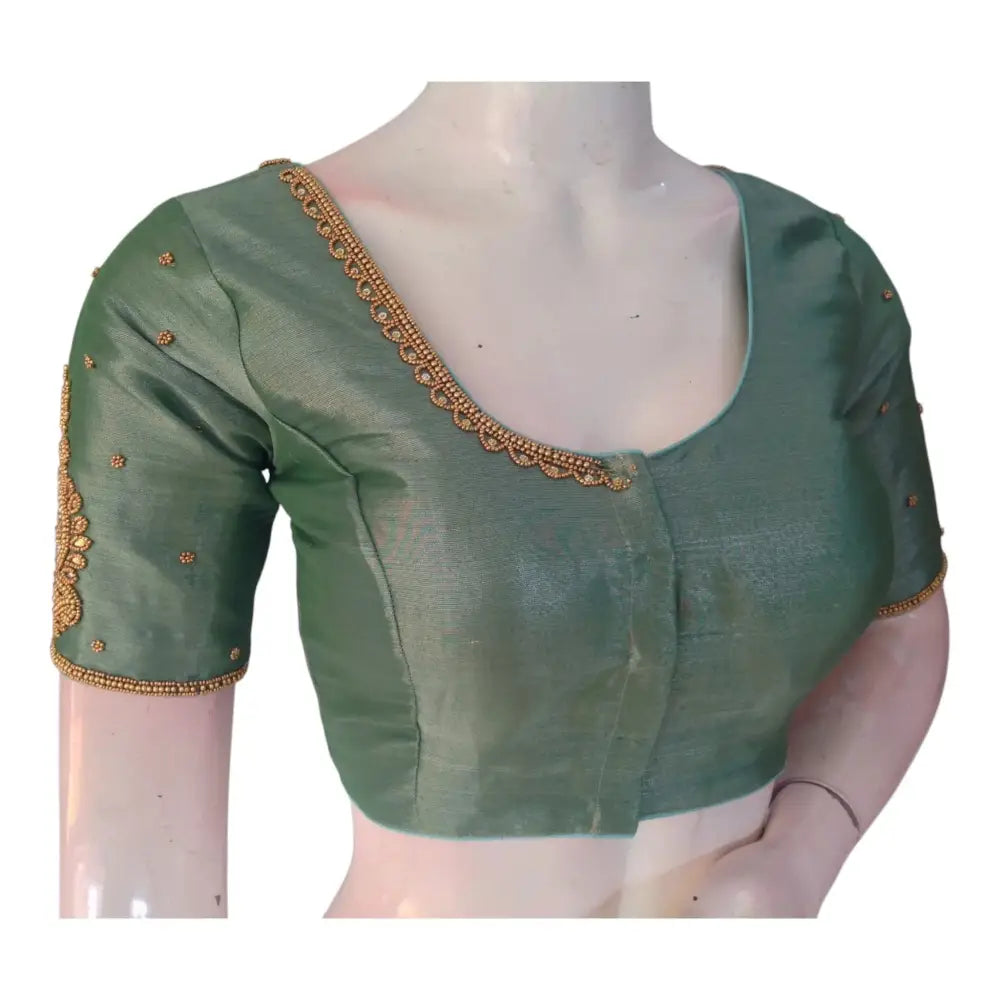 Teal Tissue Silk Aari Work Wedding Blouse - Sophisticated Style from D3 Blouses - D3blouses