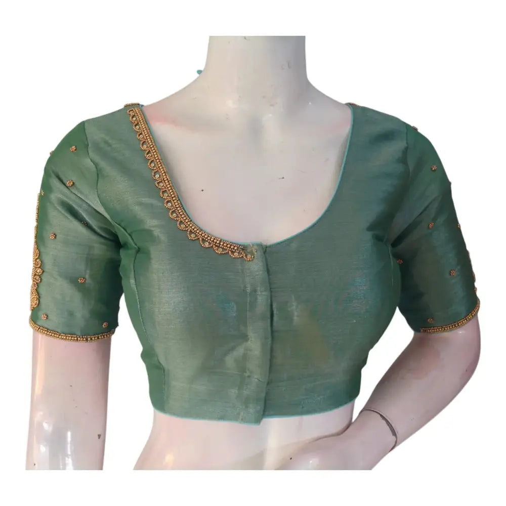 Teal Tissue Silk Aari Work Wedding Blouse - Sophisticated Style from D3 Blouses - D3blouses