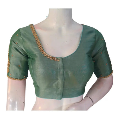 Teal Tissue Silk Aari Work Wedding Blouse - Sophisticated Style from D3 Blouses - D3blouses