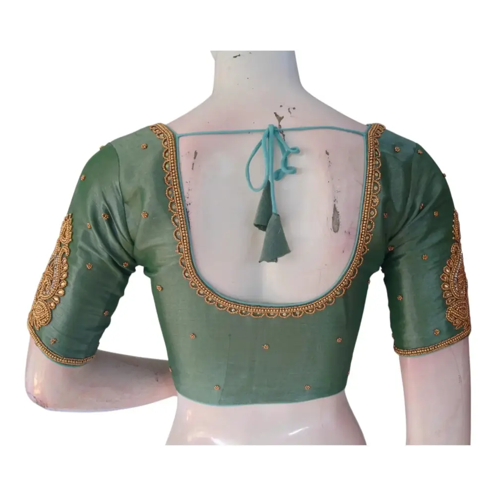 Teal Tissue Silk Aari Work Wedding Blouse - Sophisticated Style from D3 Blouses - D3blouses