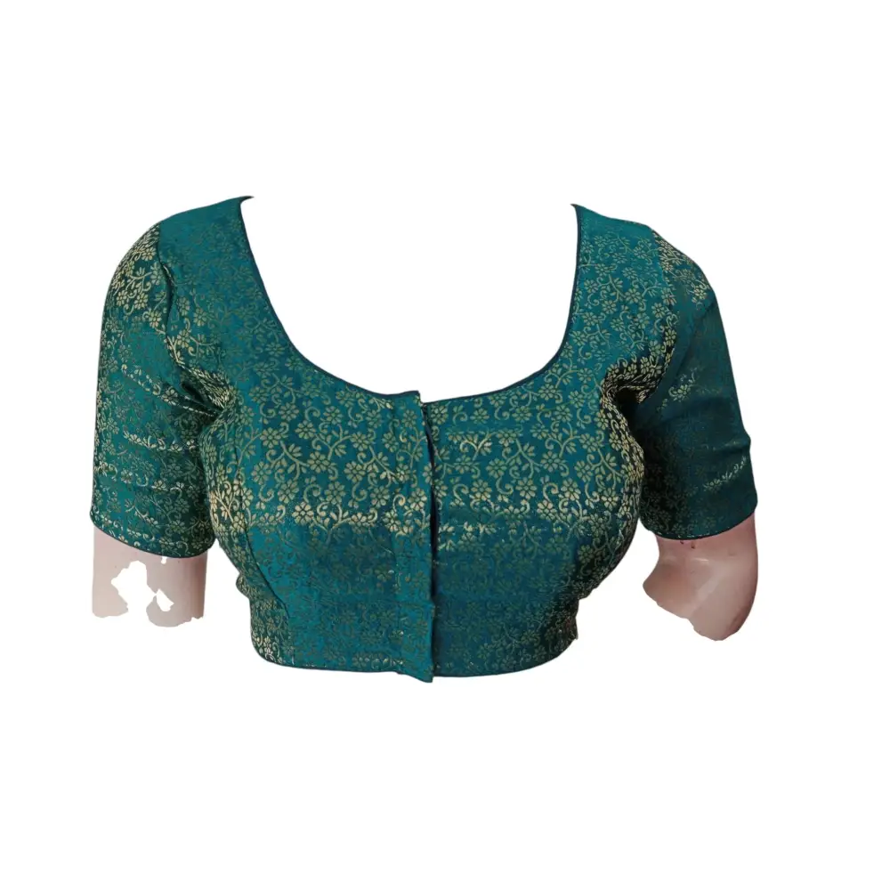 Teal Treasure: Readymade Brocade Silk Saree Blouse - D3blouses