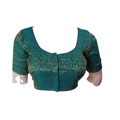 Teal Treasure: Readymade Brocade Silk Saree Blouse - D3blouses