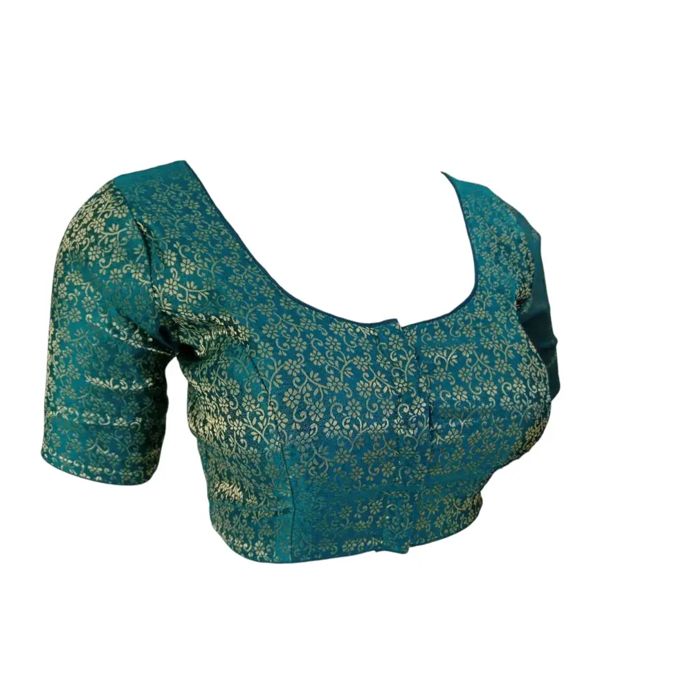 Teal Treasure: Readymade Brocade Silk Saree Blouse - D3blouses