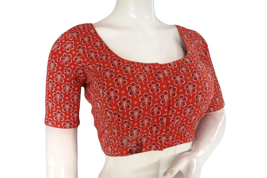Terracotta color Ajrakh Cotton Readymade Saree Blouse, Indian Summer Collection Online - D3blouses