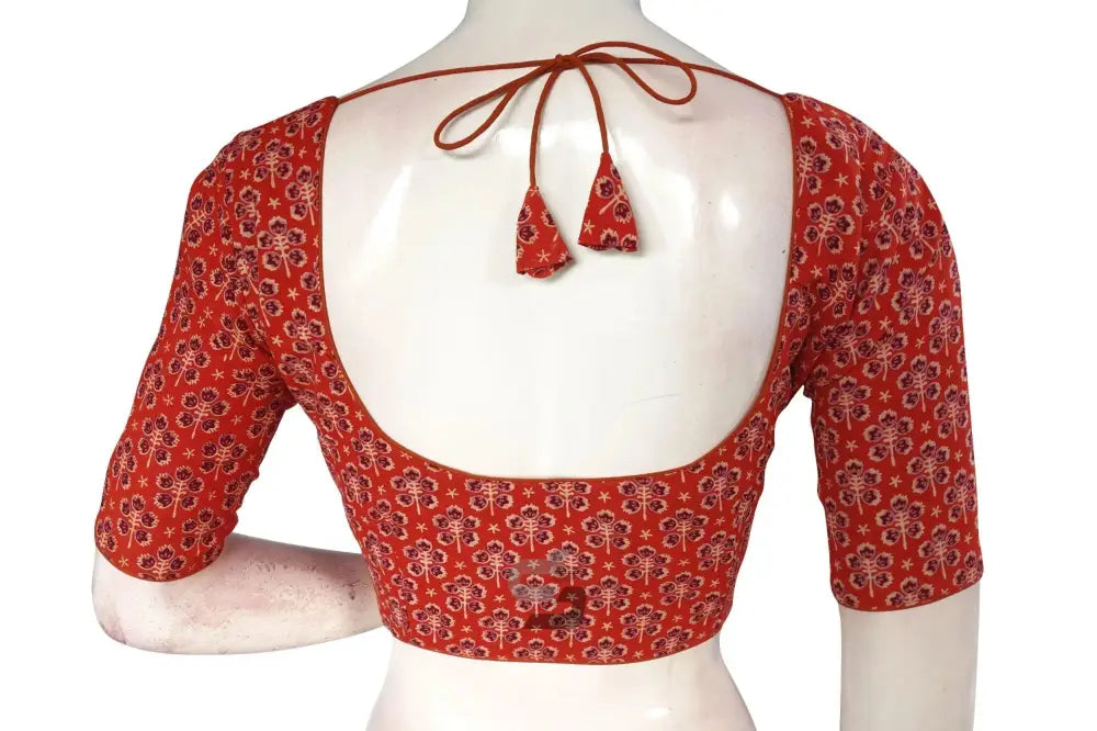 Terracotta color Ajrakh Cotton Readymade Saree Blouse, Indian Summer Collection Online - D3blouses