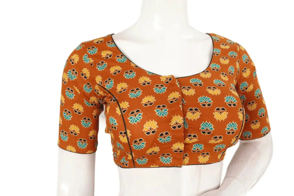 Terracotta Color Patola Print Cotton Readymade Saree Blouse - D3blouses