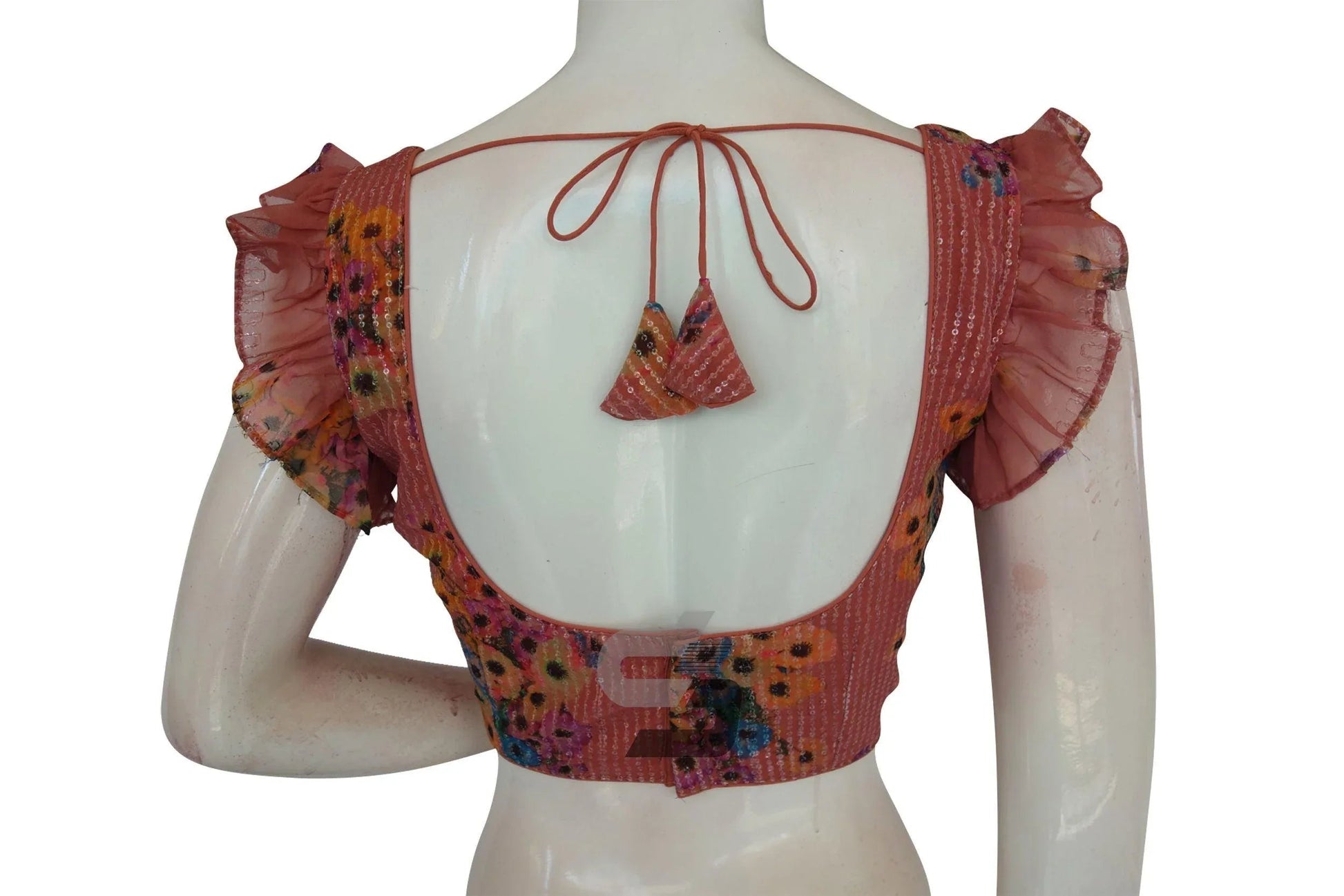 Terracotta Elegance, Georgette Sequin Designer Frill Sleeves Readymade Blouse - D3blouses