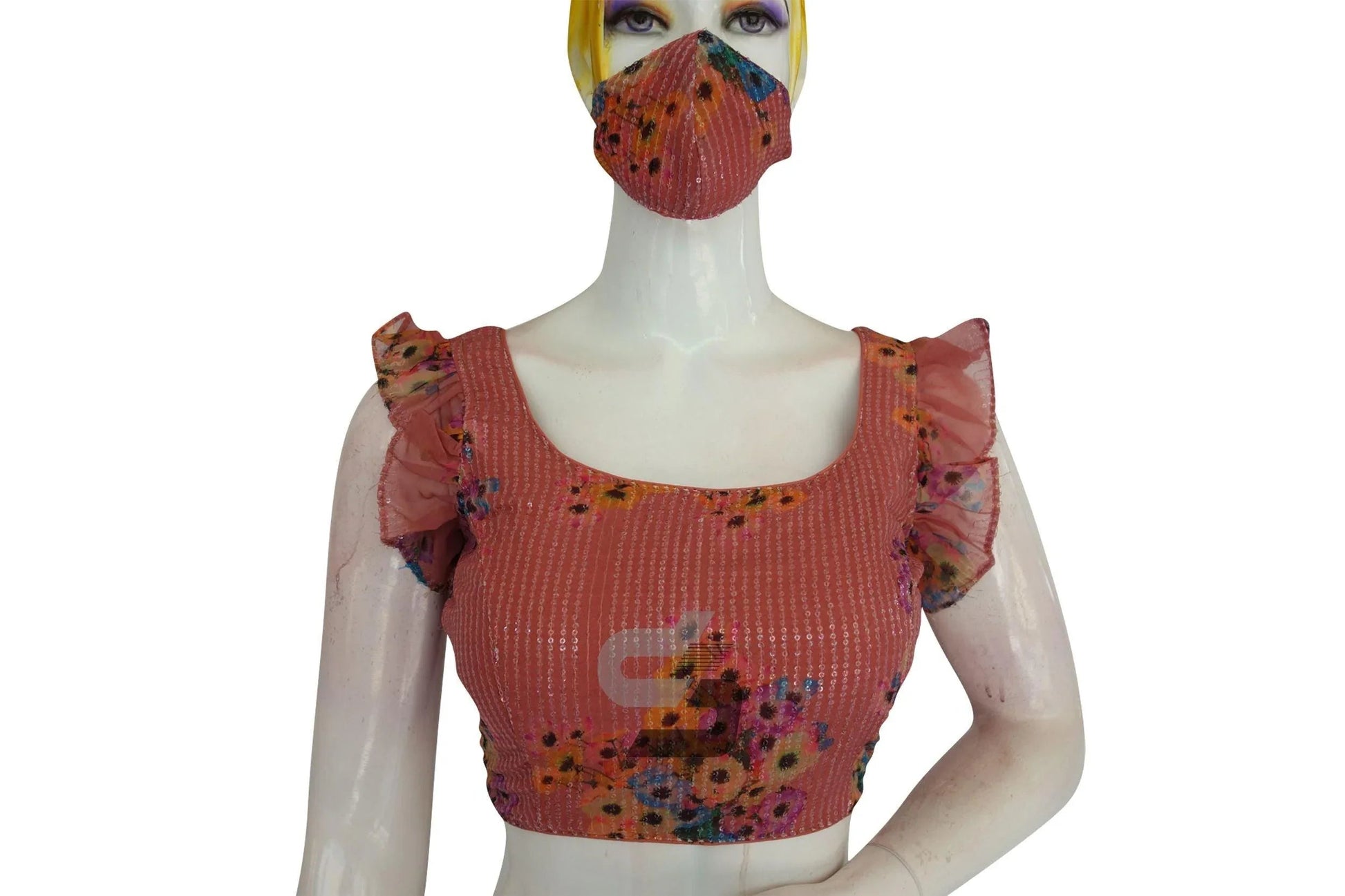 Terracotta Elegance, Georgette Sequin Designer Frill Sleeves Readymade Blouse - D3blouses