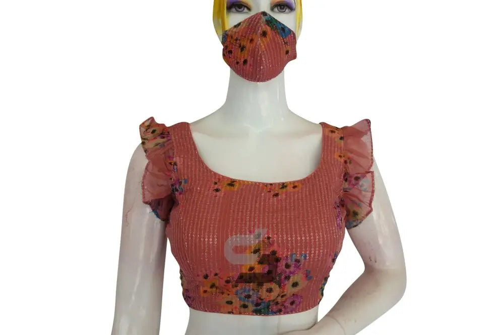 Terracotta Elegance, Georgette Sequin Designer Frill Sleeves Readymade Blouse - D3blouses