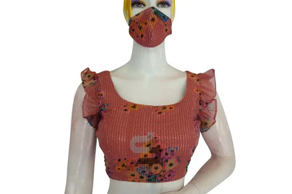 Terracotta Elegance, Georgette Sequin Designer Frill Sleeves Readymade Blouse - D3blouses