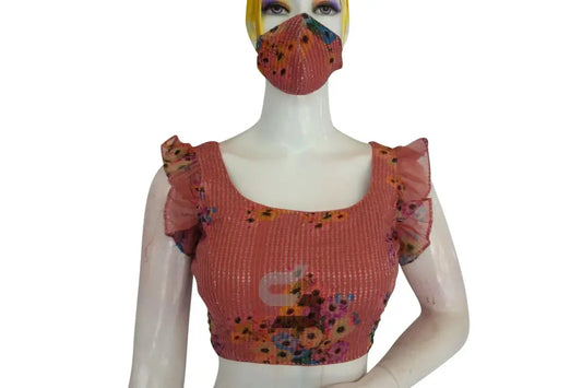 Terracotta Elegance, Georgette Sequin Designer Frill Sleeves Readymade Blouse - D3blouses