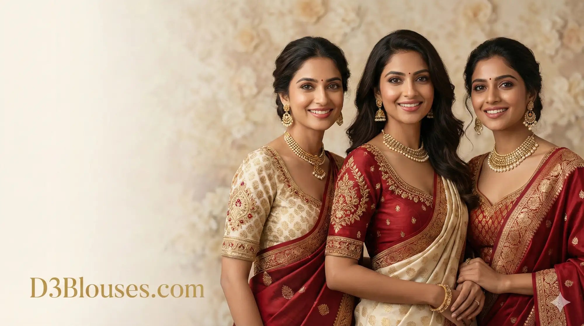 Three women are wearing traditional indian sarees with intricate gold embroidery and rich red or cream-colored silk fabric.