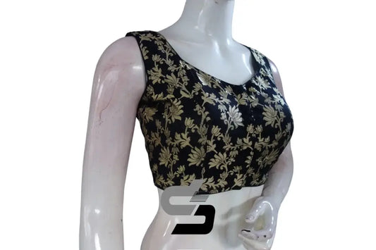 Timeless Black: High Neck Banaras Silk Partywear Saree Blouses - D3blouses