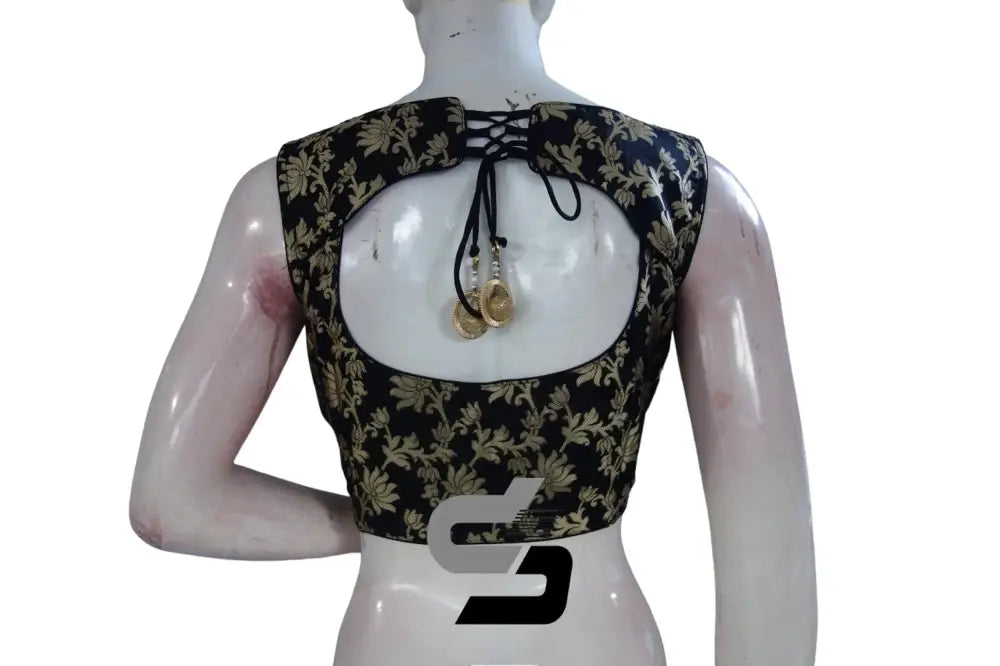 Timeless Black: High Neck Banaras Silk Partywear Saree Blouses - D3blouses