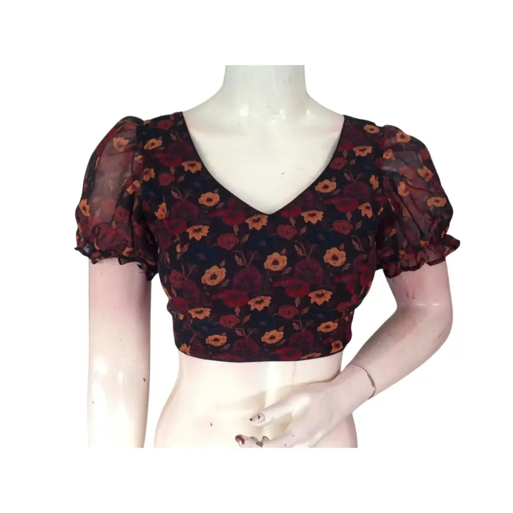 Timeless Chic: Black Organza Puff Sleeve Readymade Blouse - D3blouses