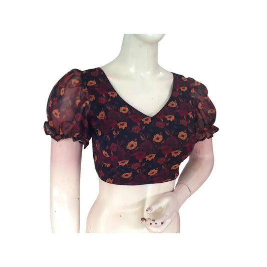 Timeless Chic: Black Organza Puff Sleeve Readymade Blouse - D3blouses