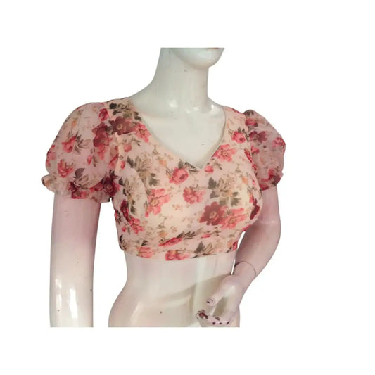 Timeless Elegance: Beige Color Organza Puff Sleeve Readymade Blouse - D3blouses