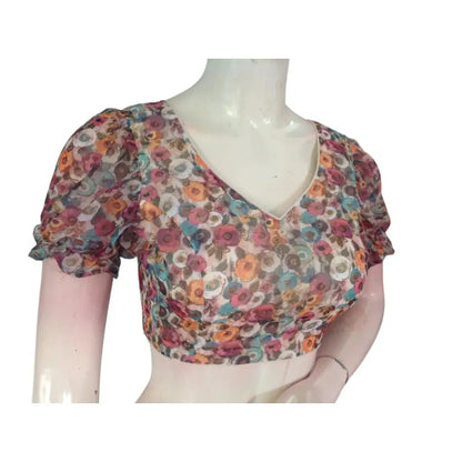 Timeless Elegance: Beige Color Organza Puff Sleeve Readymade Blouse - D3blouses