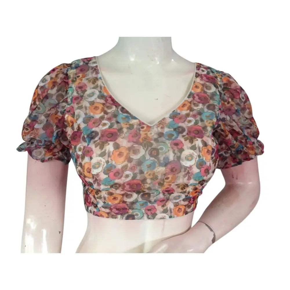 Timeless Elegance: Beige Color Organza Puff Sleeve Readymade Blouse - D3blouses