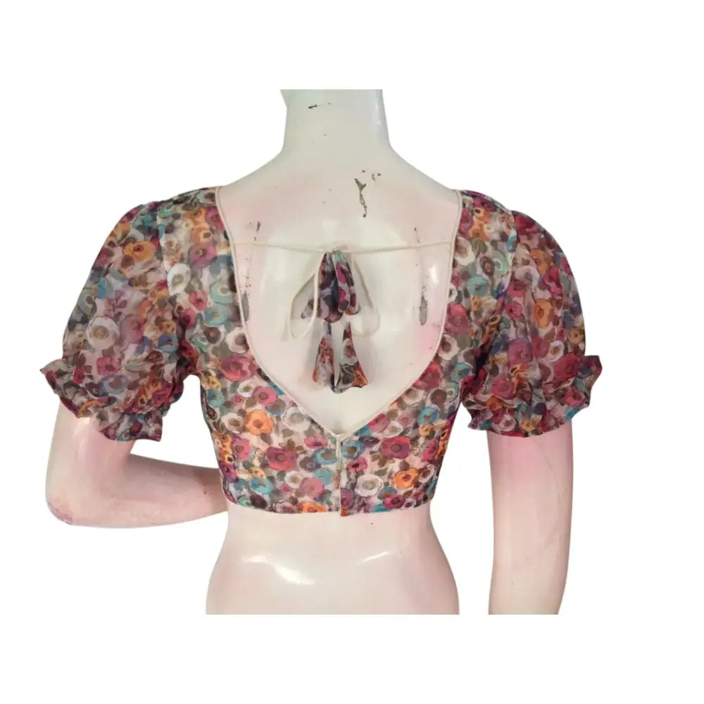 Timeless Elegance: Beige Color Organza Puff Sleeve Readymade Blouse - D3blouses