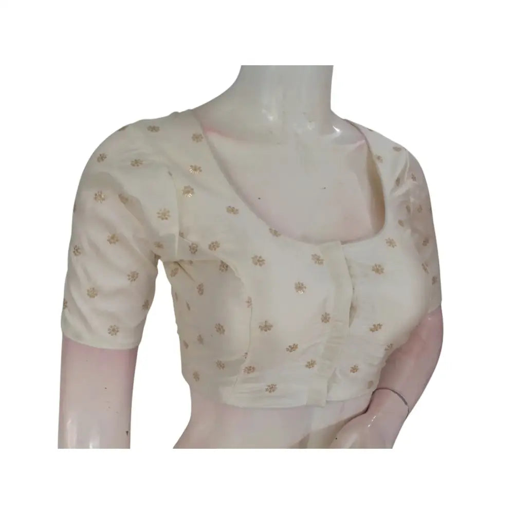 Timeless Elegance: Creamy White Semi-Silk Blouse with Delicate Embroidery - D3blouses