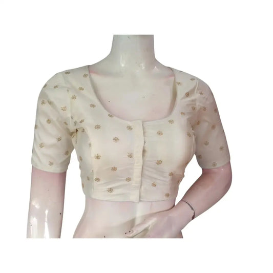 Timeless Elegance: Creamy White Semi-Silk Blouse with Delicate Embroidery - D3blouses