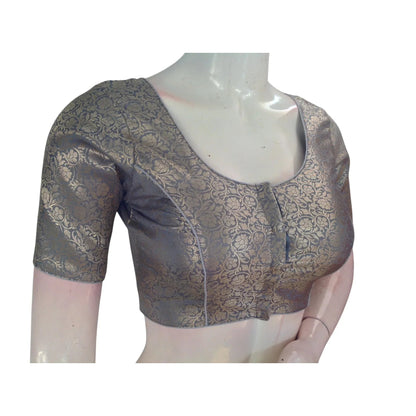 Timeless Elegance: Grey Color Brocade Silk Saree Readymade Blouse - D3blouses