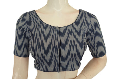 Timeless Elegance, Navy Blue Ikkat Cotton Readymade Blouse - D3blouses