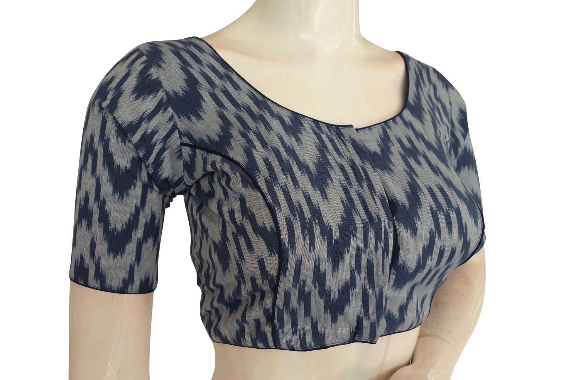 Timeless Elegance, Navy Blue Ikkat Cotton Readymade Blouse - D3blouses