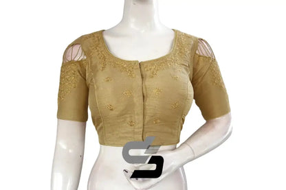 Timeless Gold: High Neck Designer Embroidered Saree Blouses - D3blouses